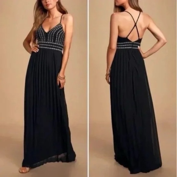 Lulu’s “Glamorous Gala” Maxi Dress Embroidered Beaded Bodice Crisscross Back - Picture 1 of 12